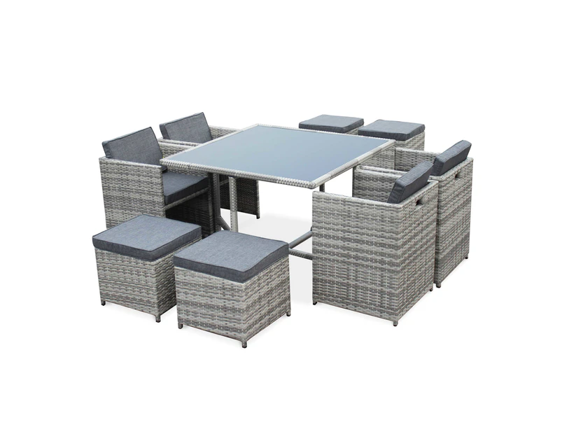 VASTO 8 Seater 110cm Dining Set | Mix Grey Wicker/Grey Cushions