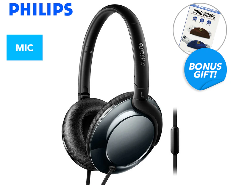Philips Flite Everlite Over-Ear Headphones w/ Mic - Black + Bonus Cable Organiser Wrap 2-Pack