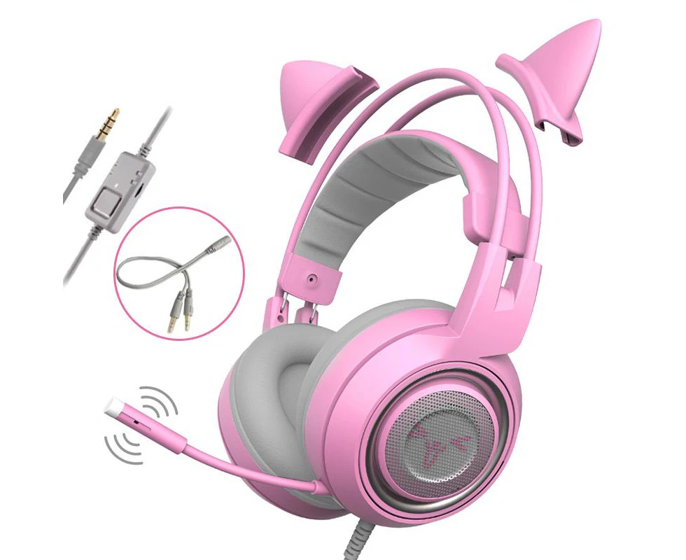 Catzon G951s PS4 Pink Cat Ear Noise Cancelling Headphones 3.5mm Plug Girl Kids Gaming Headset with Microphone for Phone