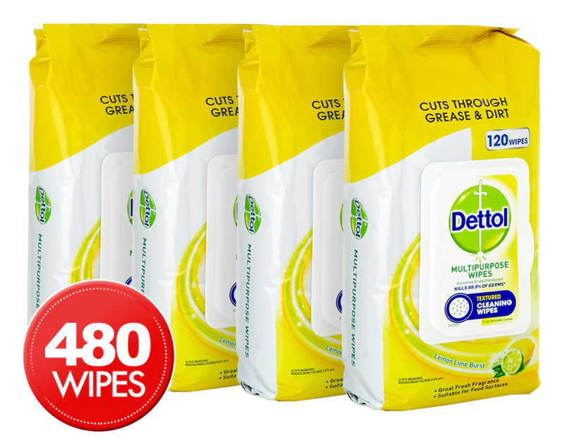 4 x 120pk Dettol Lemon Lime Burst Multipurpose Cleaning Wipes