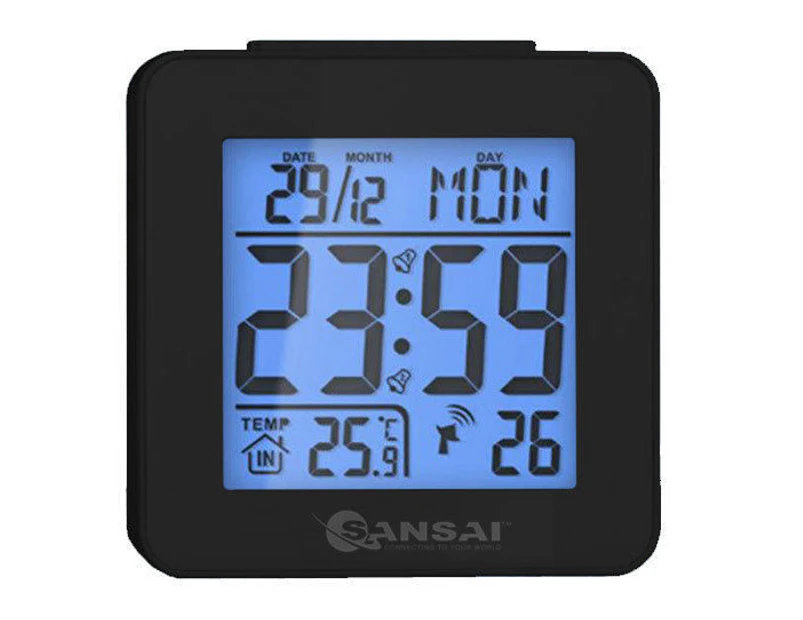 Sansai LCD Digital Alarm Clock Temp Alarm Snooze Blue Backlight 12/24Hr Black