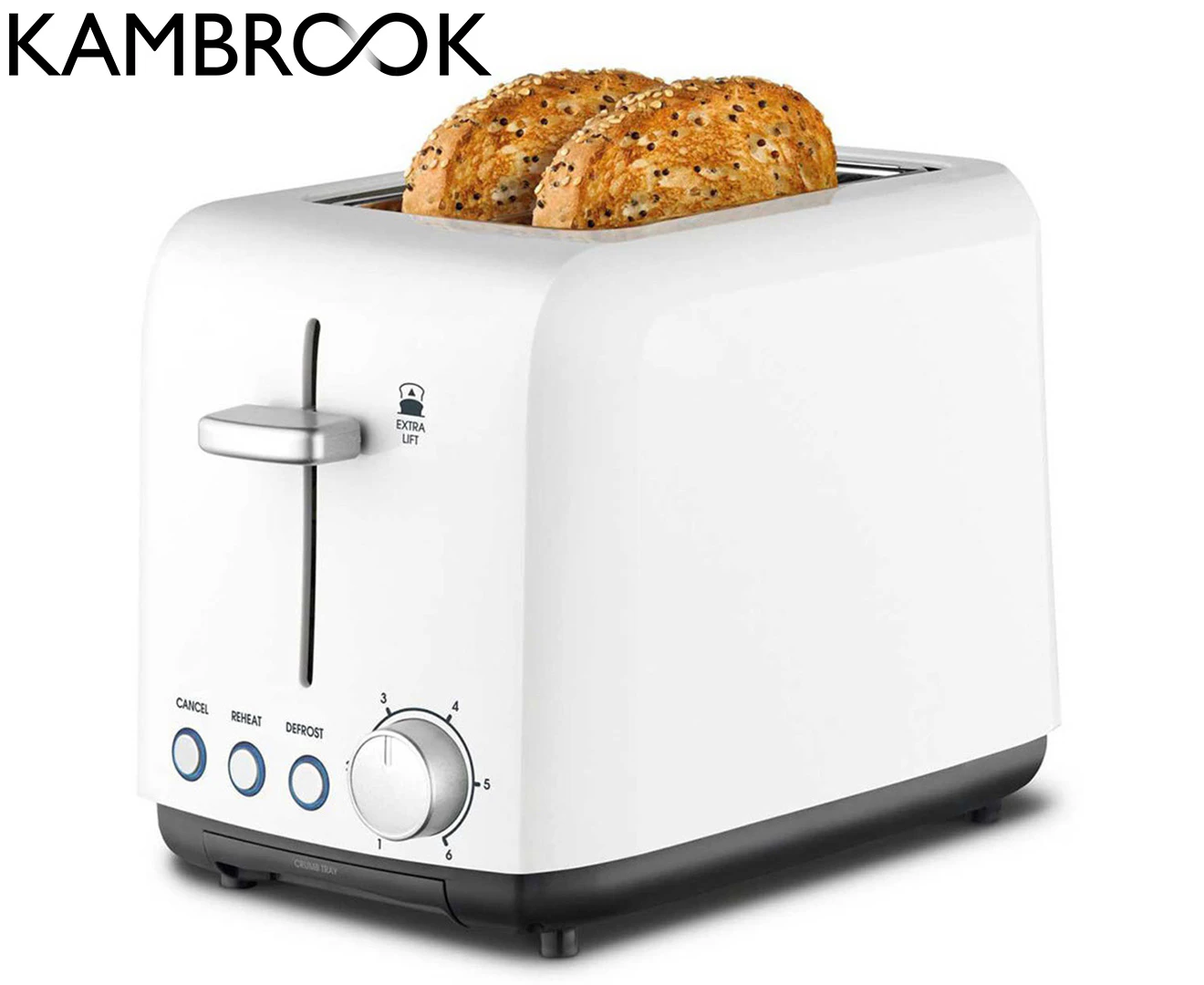 Kambrook 2 Slice 900W Wide Slot Plastic Toaster/Toast/Bread/Loaf KTA120WHT White