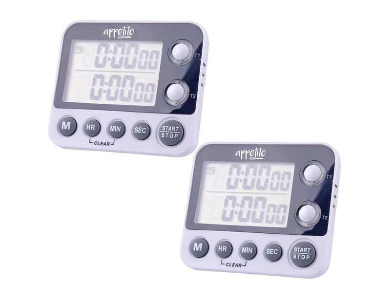 2x Appetito Dual Timer Electronic Digital Kitchen Timer Magnetic Self Standing