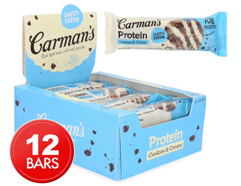 12 x Carman's Protein Bar Cookies & Cream 40g