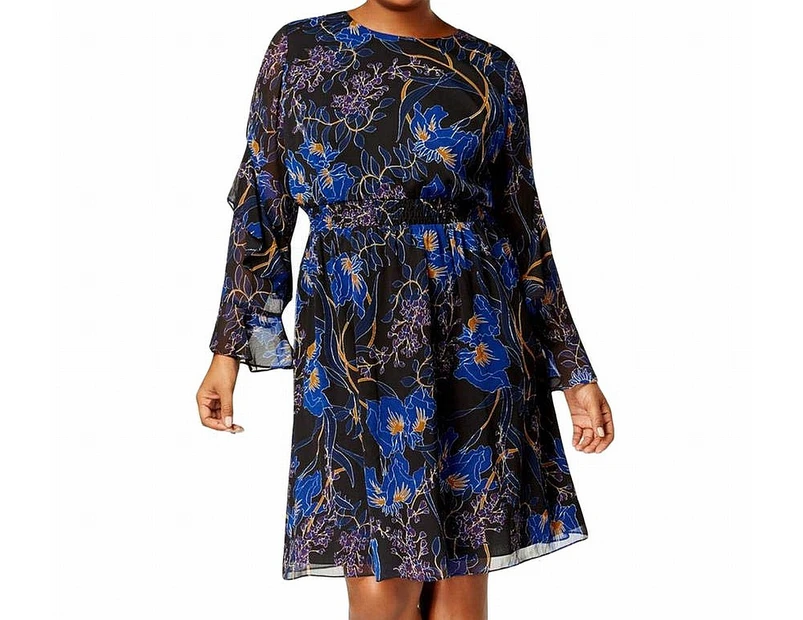 INC Black Blue Womens US Size 0X Plus Ruffled Sleeve Shift Dress