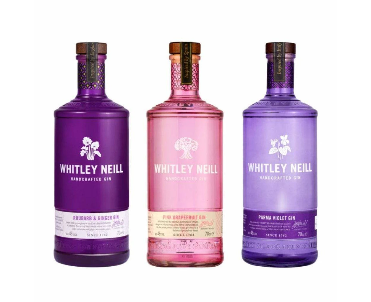 Whitley Neill Rhubarb and Ginger, Pink Grapefruit & Parma Violet Gins 700ml