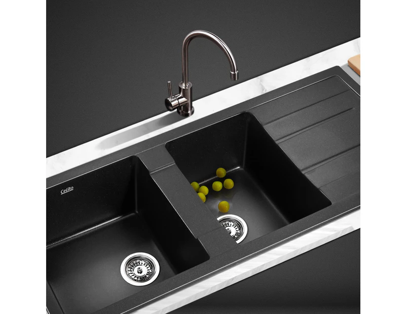 Cefito Kitchen Sink Stone Sink Granite Laundry Basin Double Bowl 116x50cm Black