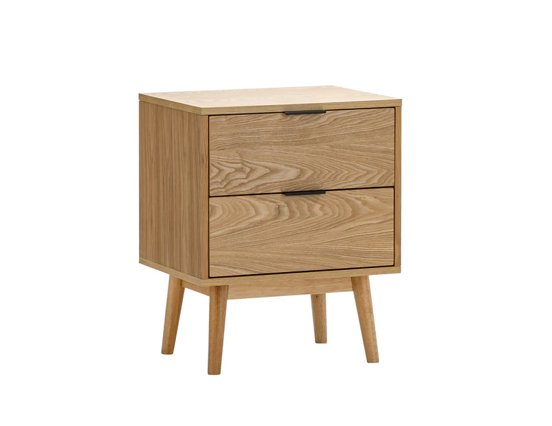 Natural Oak Wood 2 Drawer Bedside Table Nightstand, Scandinavian Design