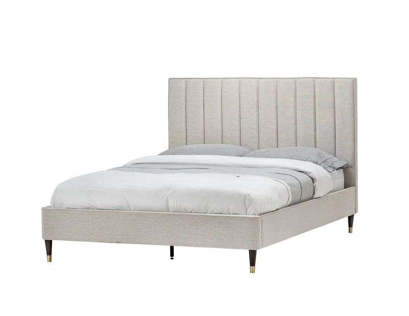 Linen Beige Fabric Provincial Queen Size Bed with Tall Channel Tufted Headboard