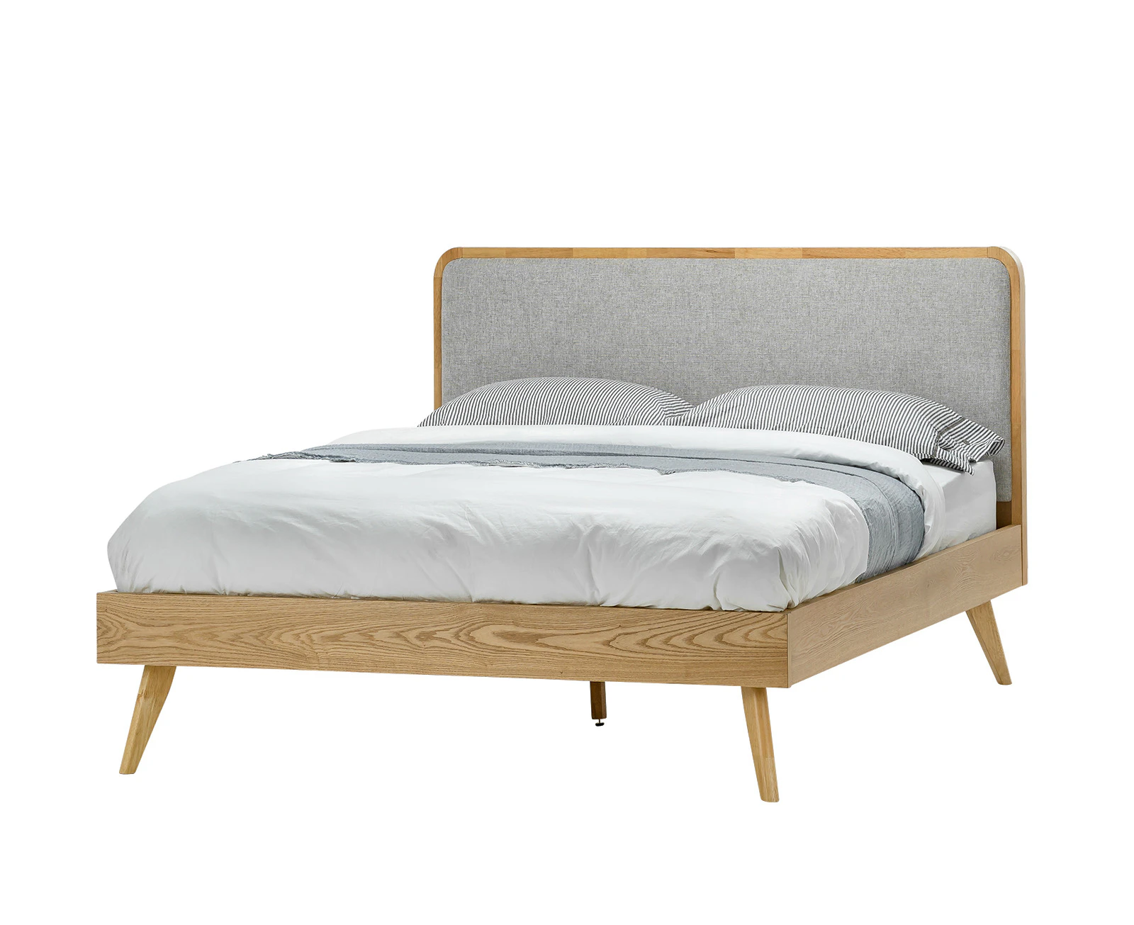 Oak Wood Queen Size Bed with Mid Century Grey Fabric Retro Panel Headboard