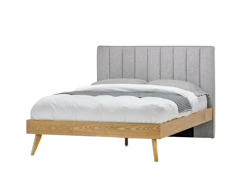 Oak Wood Queen Size Bed with Mid Century Grey Fabric Channel Tufted Headboard