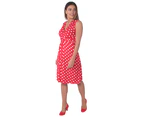 KRISP Womens Polka Dot Print Short Sleeve Knee Lenght Dress Twist Knot Front V Neck Swing Party Summer Dresses Casual - Red/White
