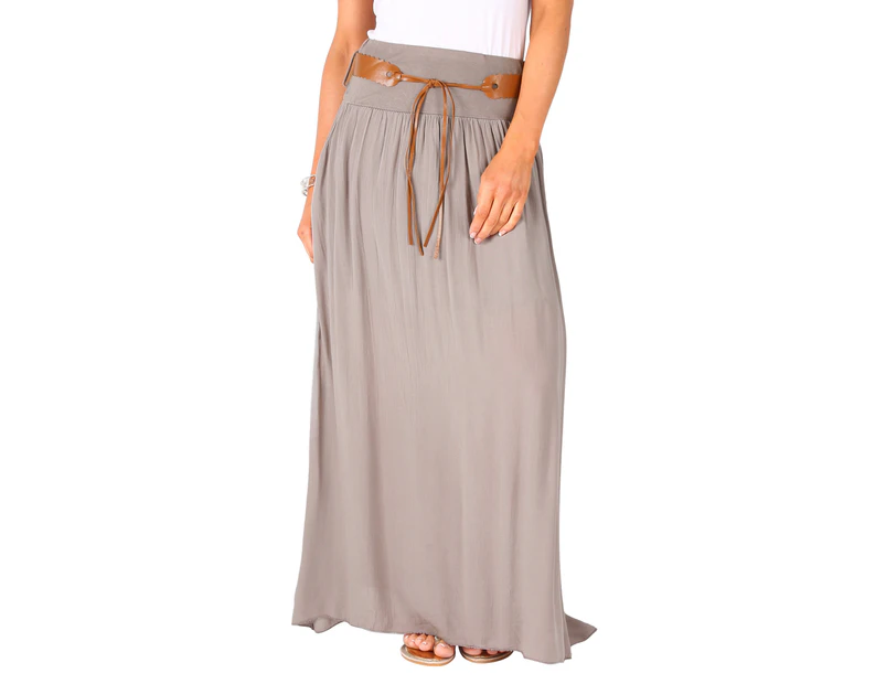 KRISP Womens Boho Hippie Tie Belted Light Cotton Pleated Summer Long Maxi Skirt - Brown - Taupe