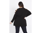 Beme Long Sleeve Cold Shoulder Jumper   - Womens Plus Size Curvy - BLACK