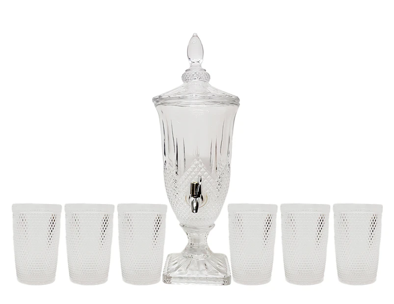 Regal embossed patterned 1.8 litre drink dispenser with 6 piece tall glass water tumbler set