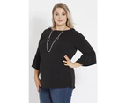 Beme Elbow Flutter Sleeve Shirred Neck Knit Top   - Womens Plus Size Curvy - PLAIN BLACK