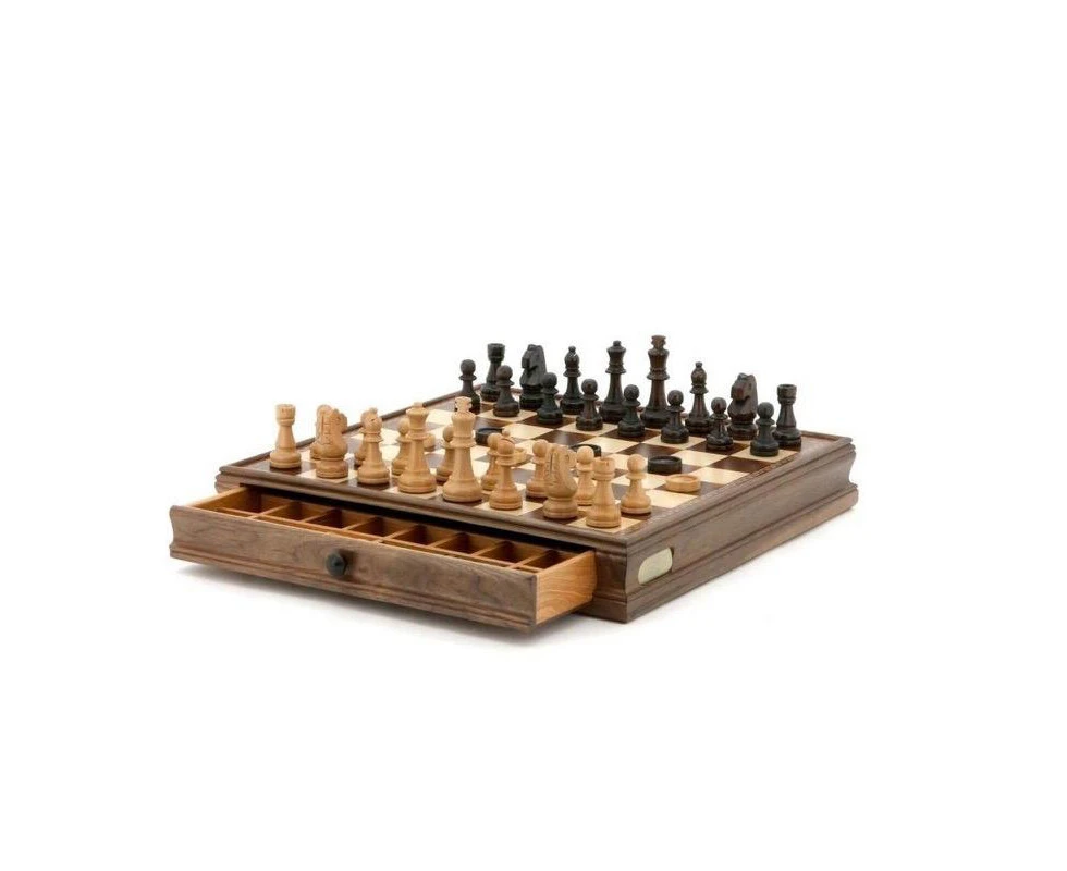 Quality DAL ROSSI Wooden Chess and Checkers Family Board Game 15" With Draw