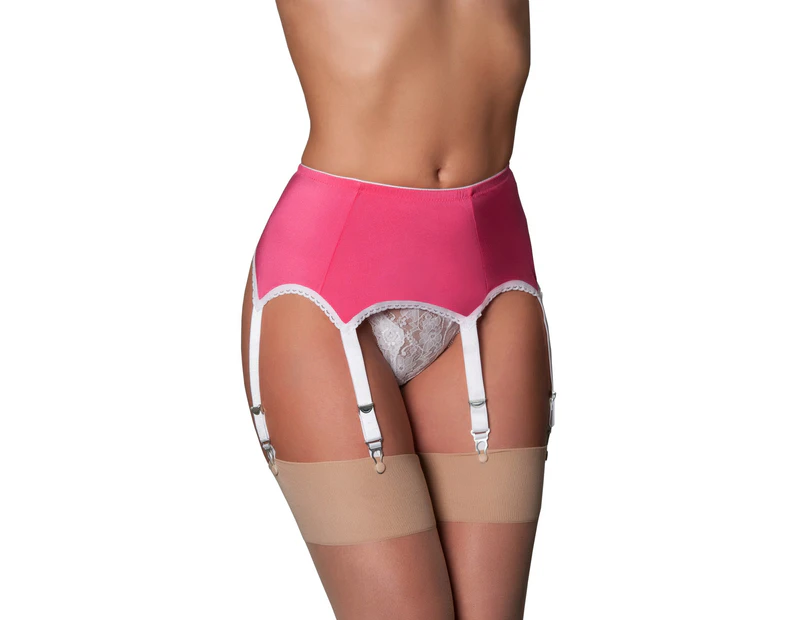 Nylon Dreams NDL59 Pink and White Lace 6 Strap Suspender Belt