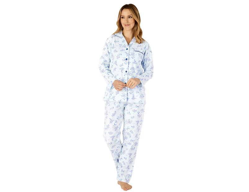Slenderella PJ4213 Woven Floral Cotton Pyjama Set - Blue