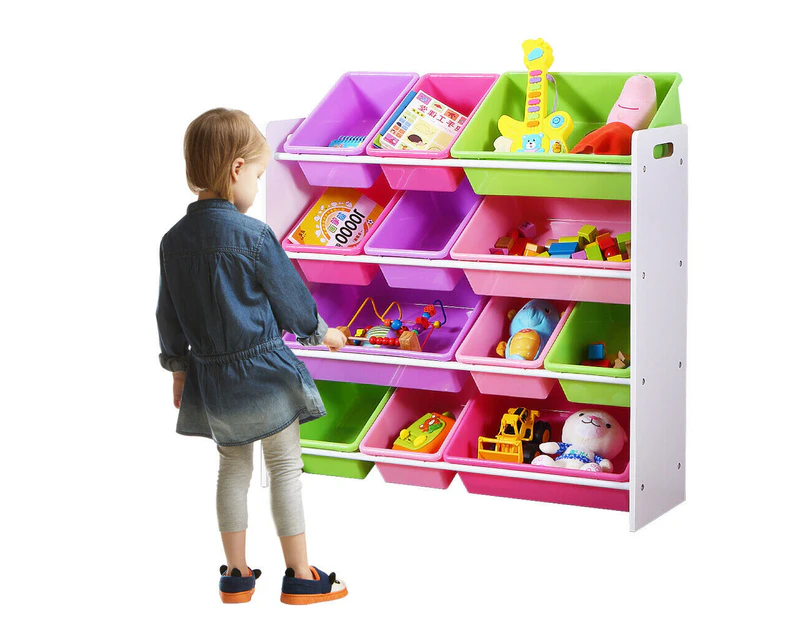 12 Plastic Bins Kids Toy Organiser White Rack