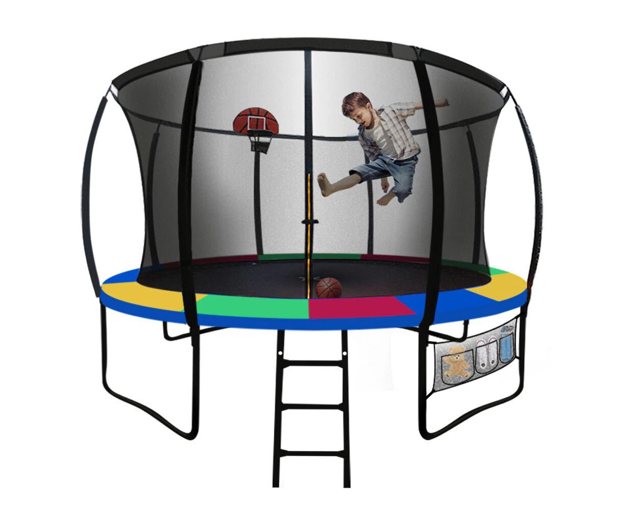 UP-SHOT 12ft Round Kids Trampoline Curved Pole Basketball Set Black Multi-colour