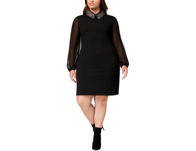 Betsey Johnson Womens Plus Embellished Long Sleeves Black Wear to Work Dress