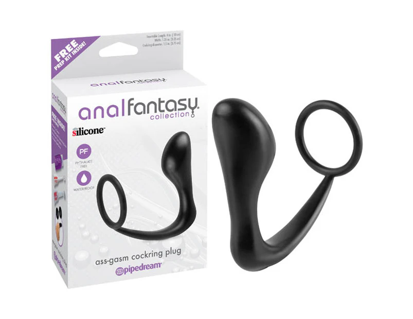 Anal Fantasy Collection Ass-gasm Cock Ring Plug - Black 10 cm (4'') Prostate Massager with Cock Ring