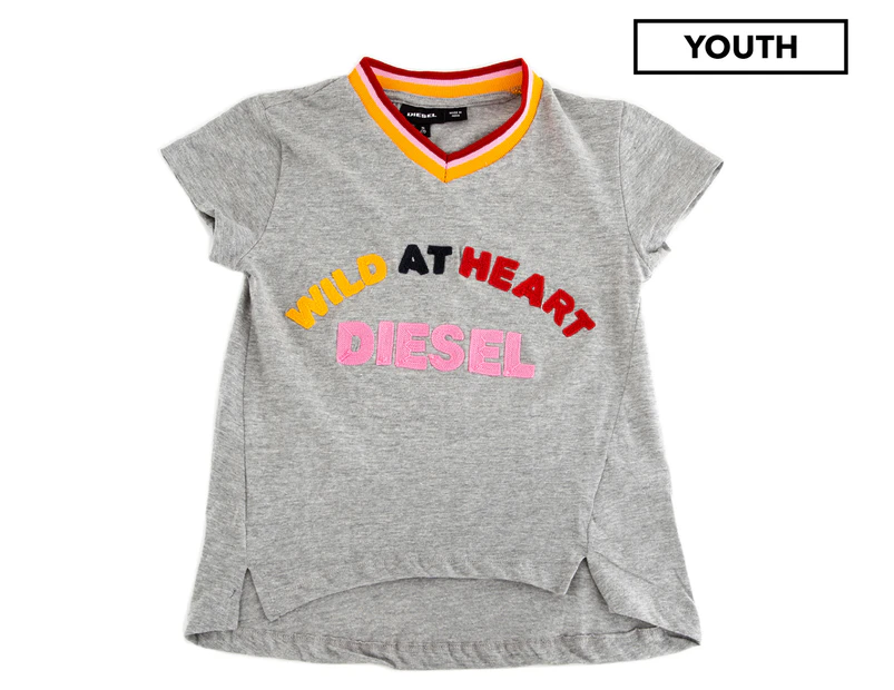 Diesel Girls' Big V-Neck High Low Side Slit Tee / T-Shirt / Tshirt - Heather Grey