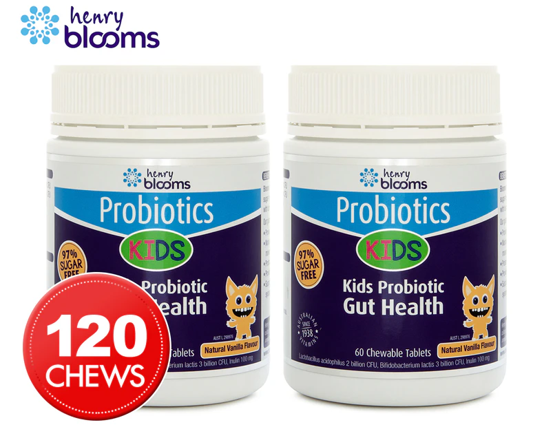 2 x Henry Blooms Kids Probiotic Gut Health Vanilla 60 Chewable Tabs