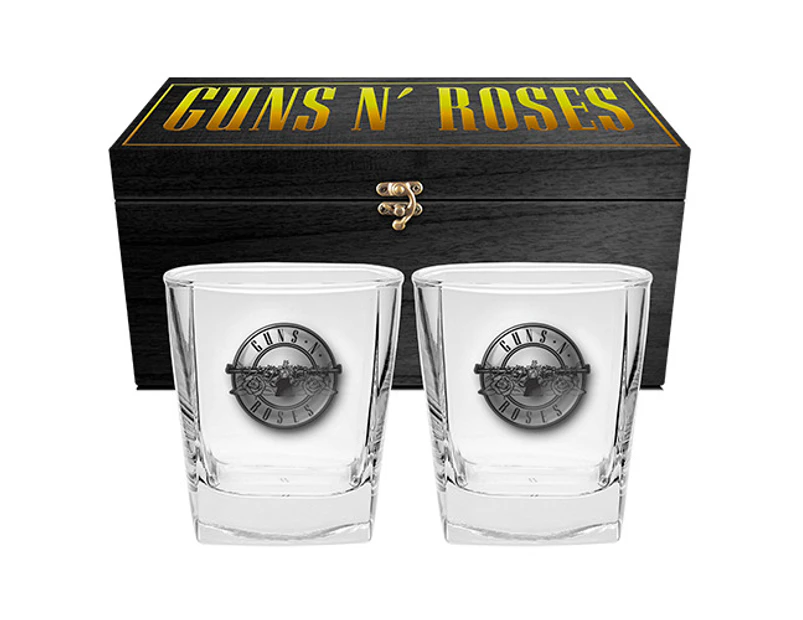 Guns N Roses Band Set of 2 Glass Spirit Glasses with Metal Badge in Wooden Box