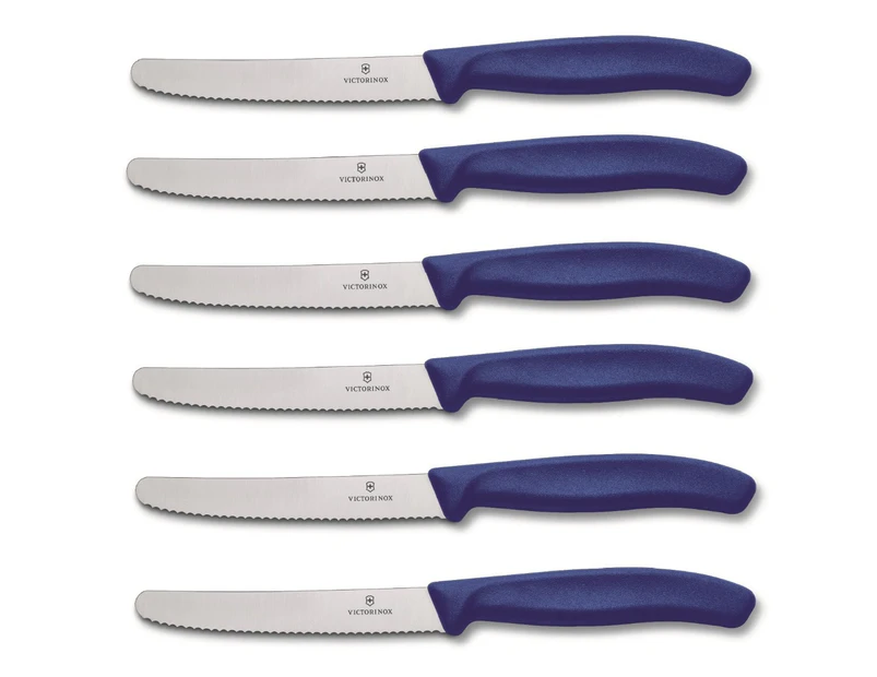 Victorinox Steak and Tomato Knife 11cm Wavy Edge - Set of 6 - Blue