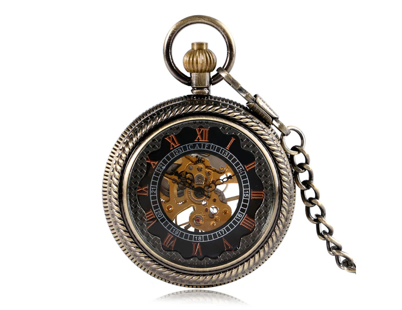 Men's Gift Retro Pocket Watch Roman Number Hand Winding Mechanical Pocket Watch Black