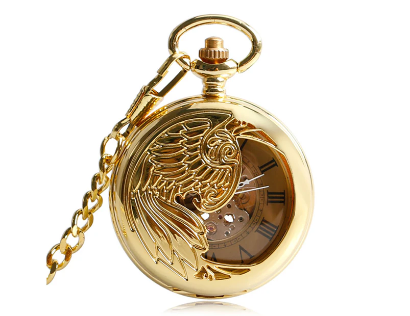 Automatic Mechanical Pocket Watch Copper Smooth Phoenix Skeleton Pendant Watches Golden