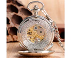 Retro Pocket Watch Silver Skeleton Hand-winding Mechanical Double Hunter Pocket Clock Pendant Gift