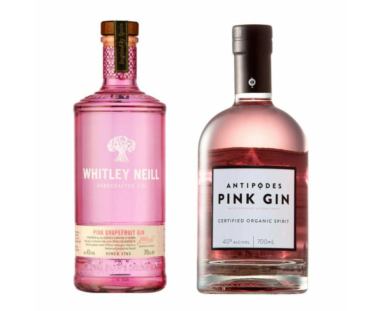 Antipodes Organic PINK Gin 40% Plus Whitley Neill Pink Grapefruit  Gin 43% 700ml -  Premium Twin Pack Pink Gins