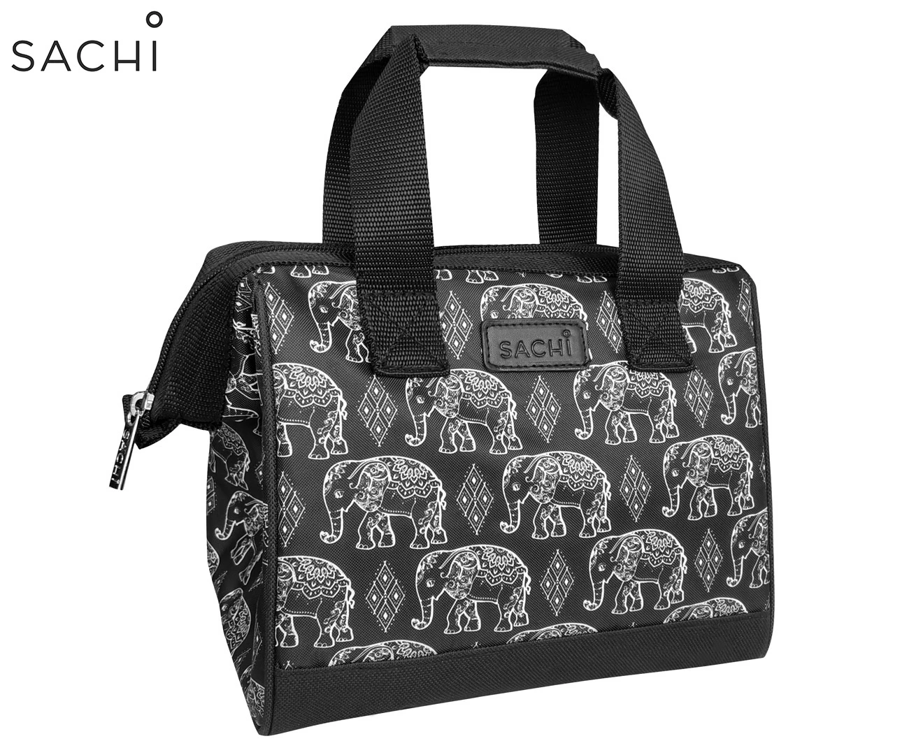 Sachi Boho Elephants Insulated Lunch Bag - Black/White