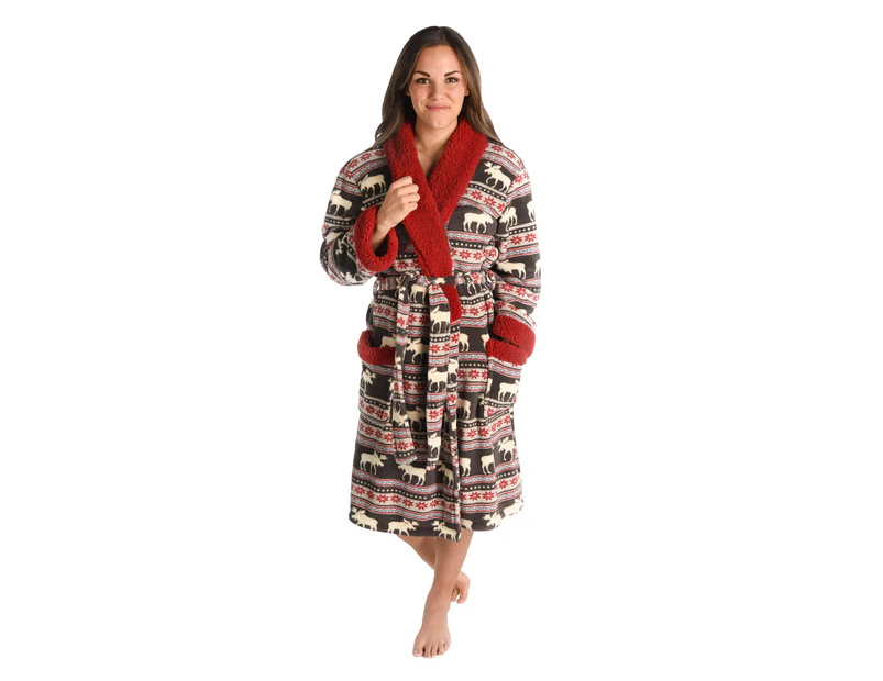 Lazy One RB268 Moose Fair Isle Red Multicolour Dressing Gown - Red Multicolour