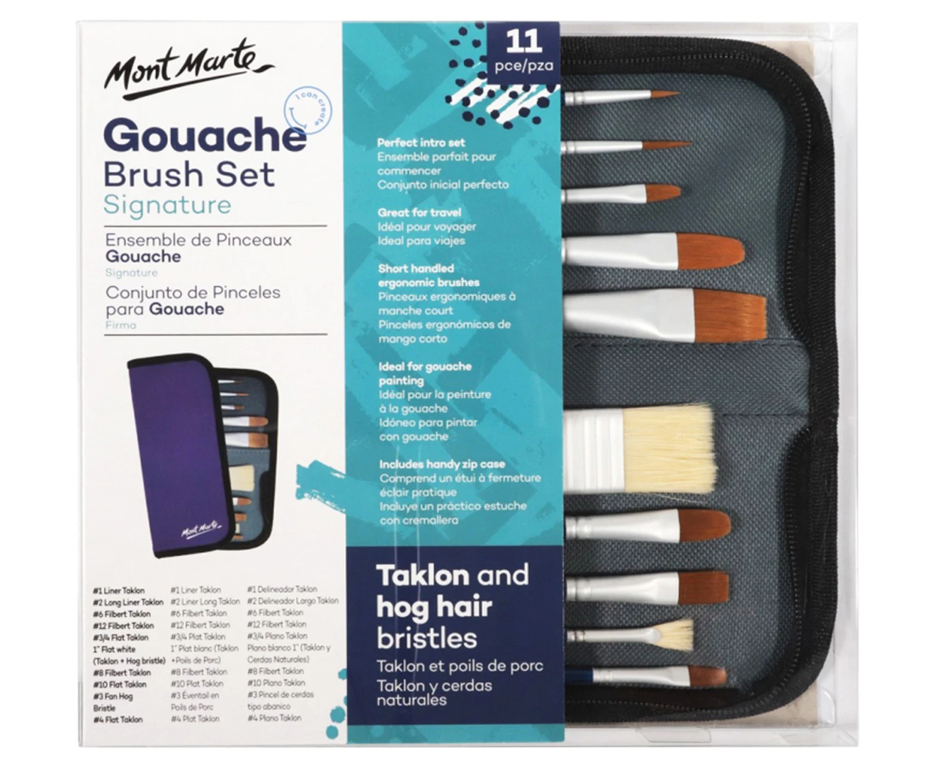 Mont Marte 11-Piece Signature Gouache Paint Brush Set w/ Wallet