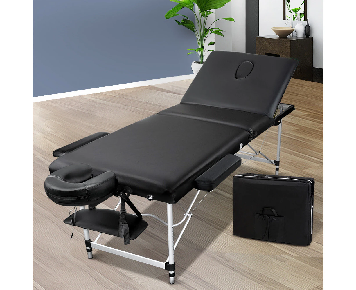 Zenses 60CM Wide Portable Aluminium Massage Table 3 Fold Beauty Bed Therapy Waxing Black