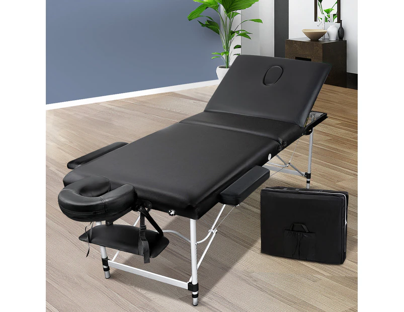 Zenses 60CM Wide Portable Aluminium Massage Table 3 Fold Beauty Bed Therapy Waxing Black