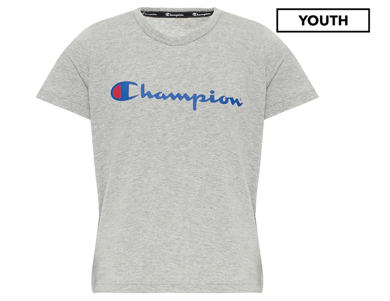 Champion Boys' Script Short Sleeve Tee / T-Shirt / Tshirt - Oxford Heather Grey