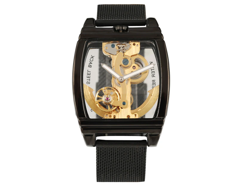 SHENHUA Men Automatic Mechanical Watch Luminous Pointer Steel Mesh Watches-Black