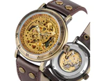 SHENHUA 9584 Retro Bronze Case Automatic Mechanical Leather Strap Watches-Coffee