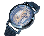 SHENHUA Transparent Diamonds Automatic Mechanical Watch Black Steel Mesh Band Watches-Blue