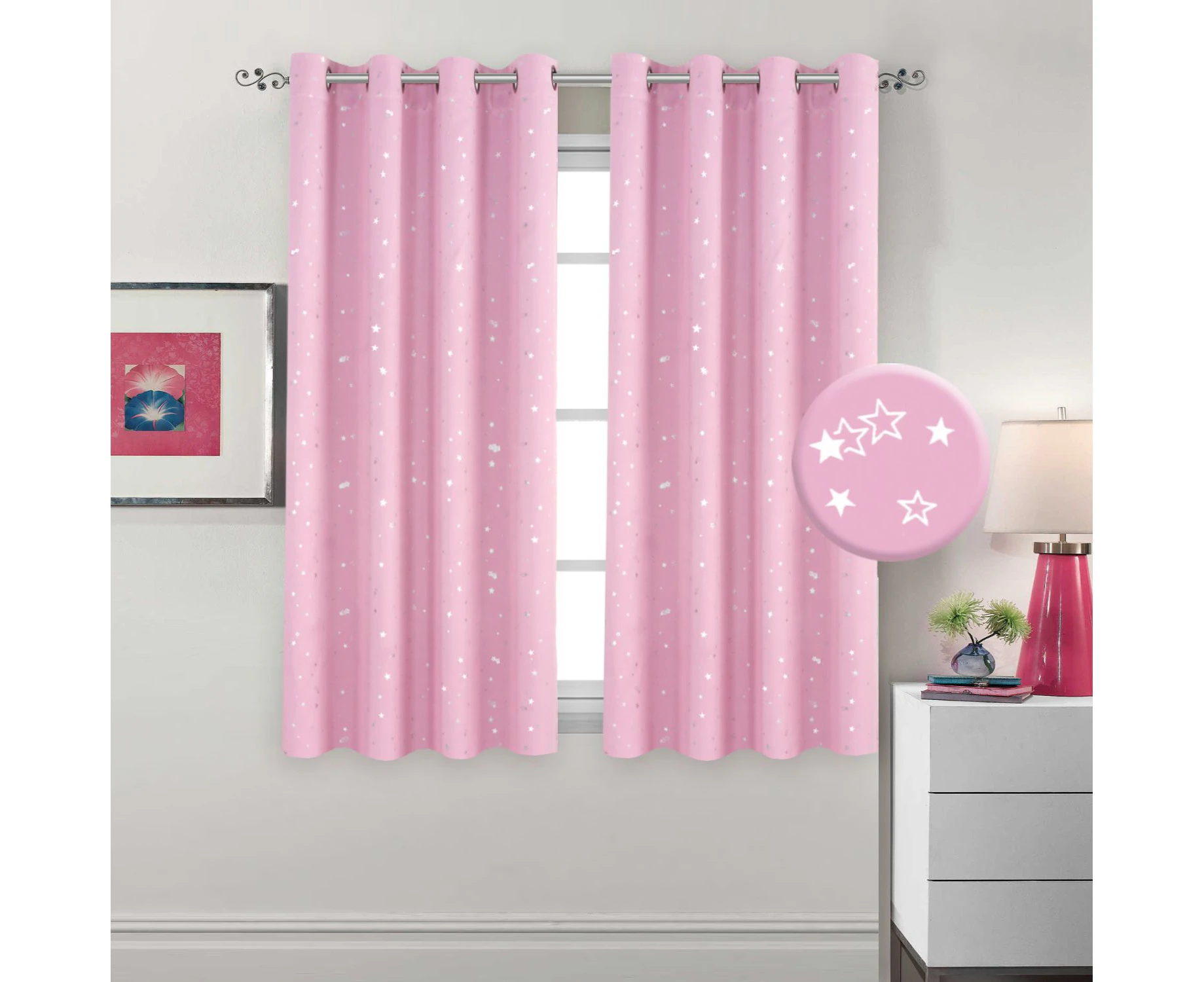 2x Blockout Curtains for Kids Room Eyelet Blackout Bedroom Curtains Draperies, 1 Pair, Glitter Twinkle Star Pattern, Pink