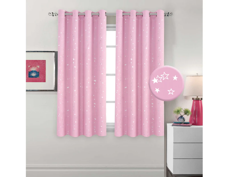 2x Blockout Curtains for Kids Room Eyelet Blackout Bedroom Curtains Draperies, 1 Pair, Glitter Twinkle Star Pattern, Pink