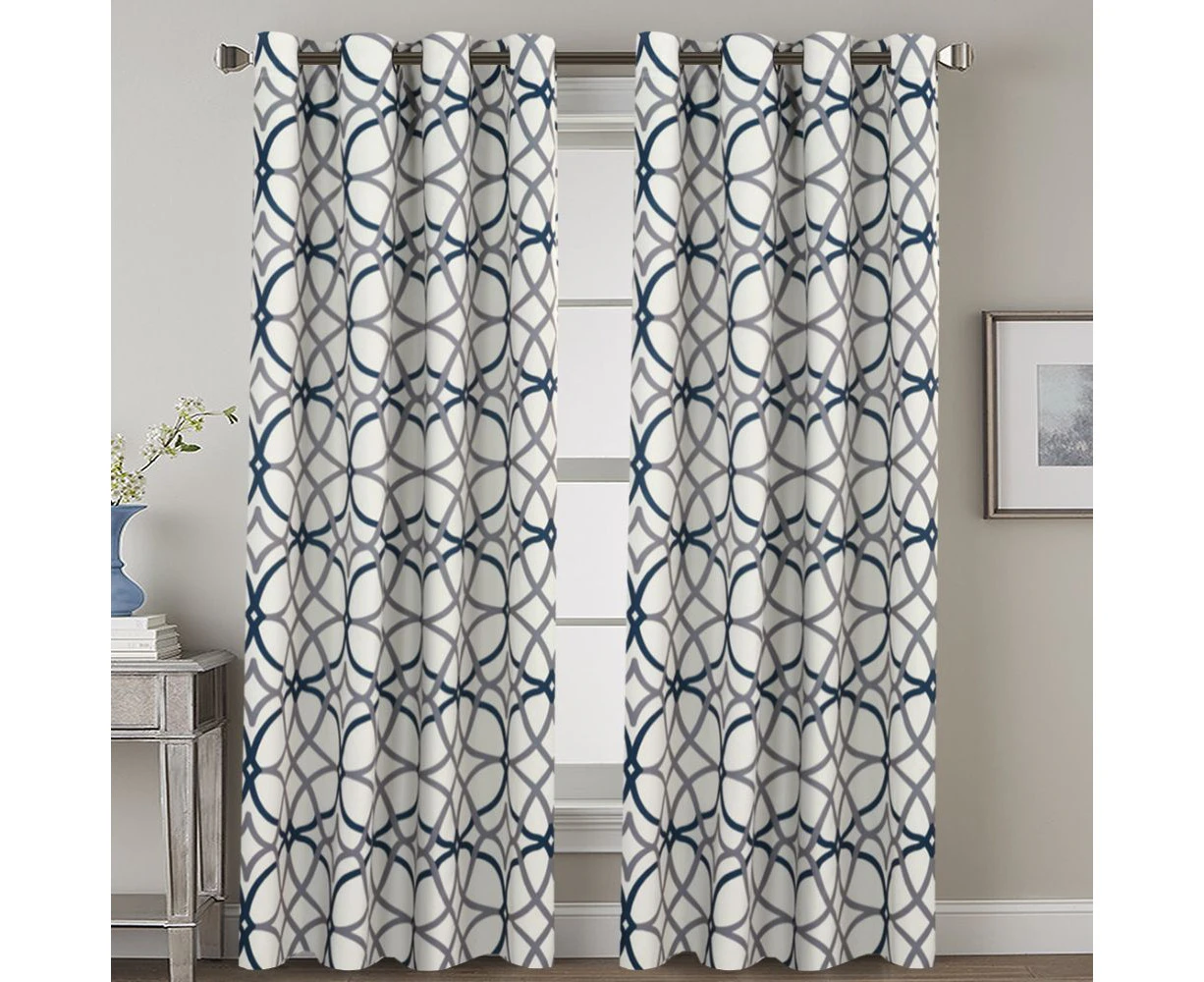 2x Blockout Curtains for Living Room Window Treatment Draperies for Bedroom Pair Curtain, Geo in Navy and Grey Pattern