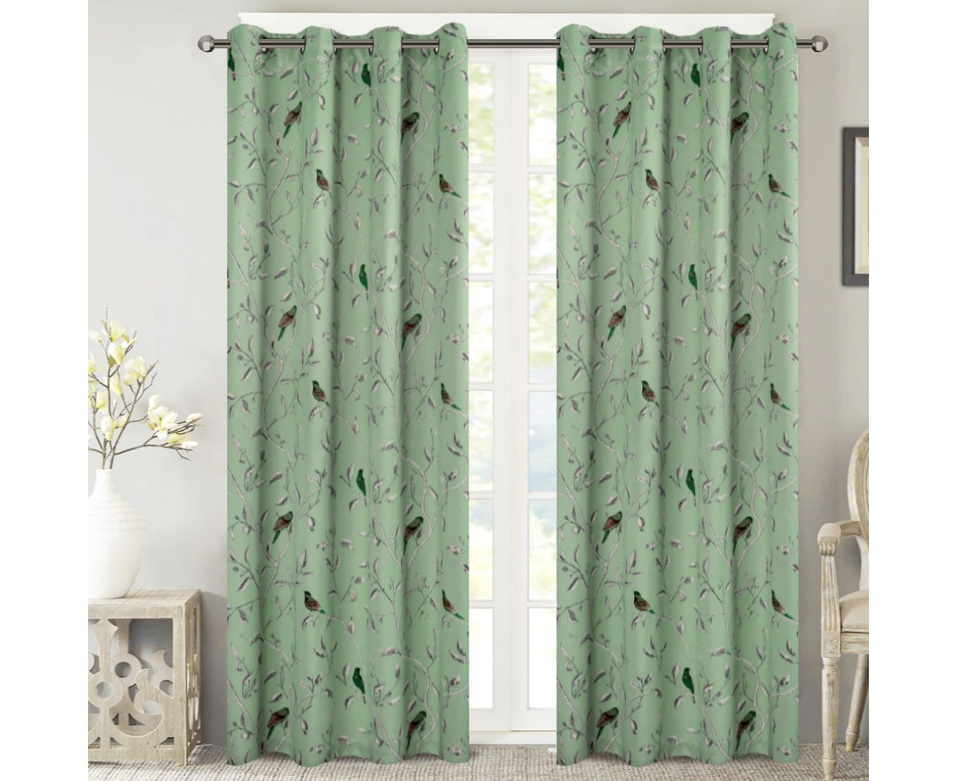 Window Treatment Curtains and Draperies Blockout Eyetlet for Living Room 1 Pair Floral Curtains for Bedroom/Kid's Room, Birds Pattern on Sage