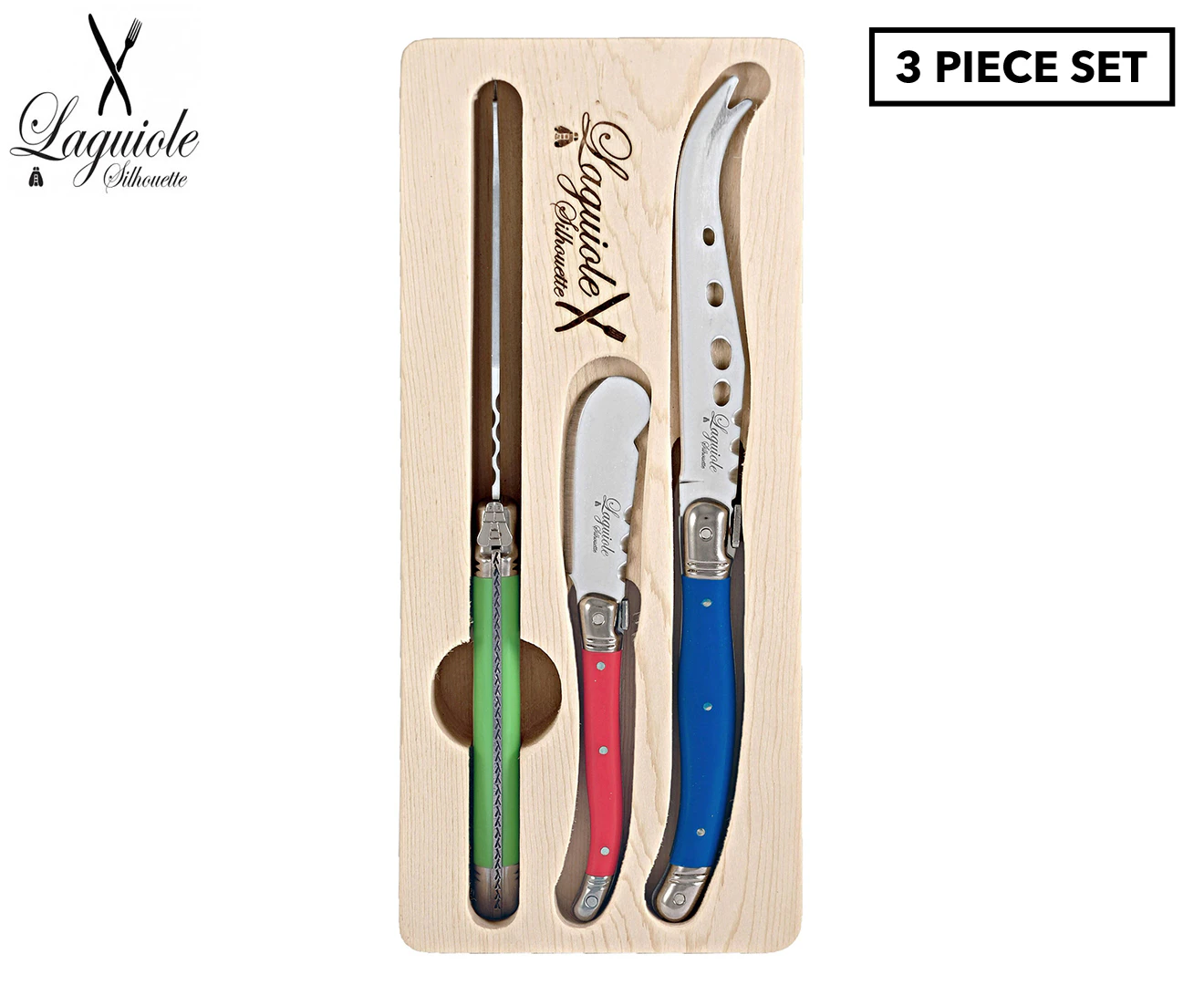 3pc Laguiole Silhouette Stainless Steel Cheese Knife Set Cutlery Green/Red/Blue