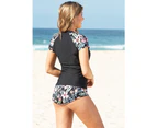 LaSculpte Women's Full Zip Front Short Sleeve Swimwear Rash Guard Top UPF 50+ Colour Block Black Floral Printed Swim Shirts - Black Floral Print